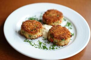 A white plate topped with three crab cakes photo