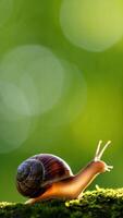 Snail Crawling on Moss in Sunlight Close up Macro Photography of Garden Snail photo