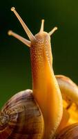 Close up Macro Photography of Snail Shell Helix Aspersa in Nature photo