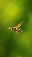Close up of a Yellow Jacket Wasp in Flight Against a Green Background photo