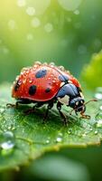 Vibrant Ladybug on Dew Covered Leaf Macro Nature Photography Spring Insect photo