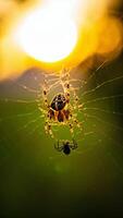 European Garden Spider in Web at Sunset Macro Photography of Insect photo
