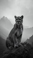 Majestic Cougar in Monochromatic Mountain Landscape Powerful Wild Cat Sitting on Rock photo