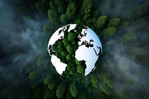 Nature Background Aerial View of Lush Green Forest Enveloping Earth Globe Environmental Conservation Concept photo
