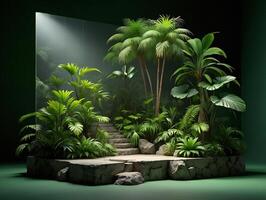 Nature Background Lush Tropical Paradise Stone Steps Palm Trees in a Tranquil Green Setting photo