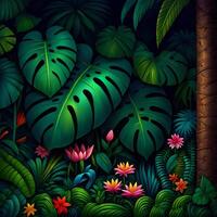 Flowers Background Lush Tropical Rainforest Jungle Background Vibrant Green Monstera Leaves and Colorful Flowers photo