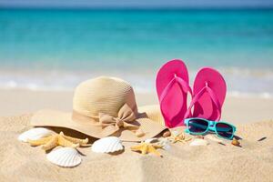 Beach Background Beachfront Wooden Table Summer Vacation Ocean View Tropical Resort Sunshade Umbrellas photo