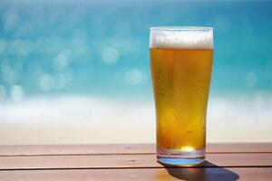 Beach Background Cold Beer on Beach Table Summer Vacation Drink Ocean View Refreshing Pint photo