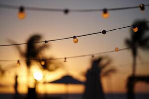 Beach Background Romantic Sunset Scene with String Lights Warm Glow and Palm Trees Silhouetted photo