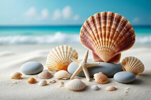 Beach Background Serene Seashells Starfish and Smooth Stones on Sandy Beach with Ocean View photo