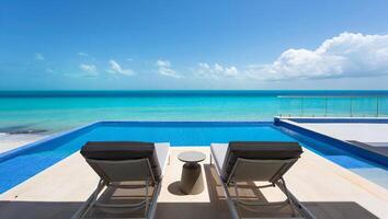 Beach Background Luxury Beachfront Infinity Pool with Lounge Chairs and Ocean View photo