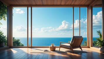 Beach Background Serene Ocean View from Modern Wooden House with Comfortable Chair and Side Table photo