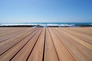 Beach Background Ocean View Wooden Deck Seaside Terrace Summer Coastal Background photo