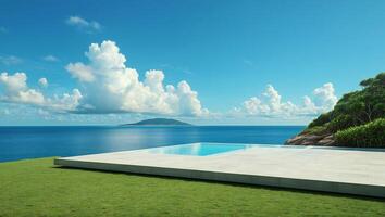 Beach Background Serene Infinity Pool Overlooking Ocean Island View Sunny Day photo