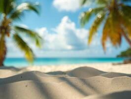 Beach Background Tropical Beach Scene Close Up White Sand with Blurred Palm Trees and Ocean Background photo