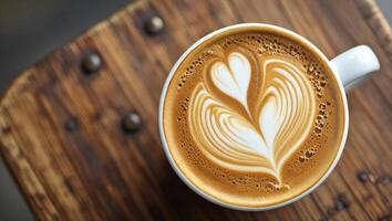 Coffee Background Aromatic Latte Art Coffee Drink in White Mug on Rustic Wooden Table photo