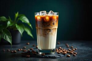 Coffee Background Iced Latte Coffee Drink in Glass with Ice Cubes Coffee Beans and Green Plant photo