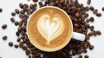 Coffee Background Aromatic Latte Coffee with Heart Design Surrounded by Coffee Beans photo