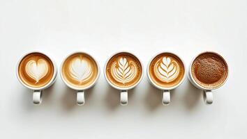 Coffee Background Five Cups of Latte Art Coffee Drinks in a Row White Background photo