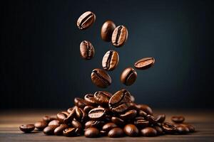 Coffee Background Roasted Coffee Beans Falling onto a Pile Dark Background Studio Shot photo
