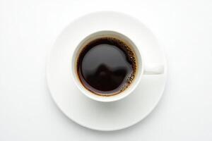 Coffee Background Aromatic Black Coffee in White Cup and Saucer Overhead View photo