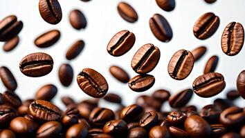 Coffee Background Roasted Coffee Beans Falling and Piling Up Aromatic Caffeine Beverage Close Up photo