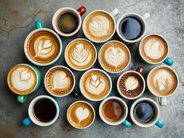 Coffee Background Aromatic Coffee Drinks Latte Art Espresso and Cappuccino Assortment photo