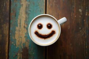 Coffee Background Happy Latte Art Smiling Coffee Cup on Rustic Wooden Table photo