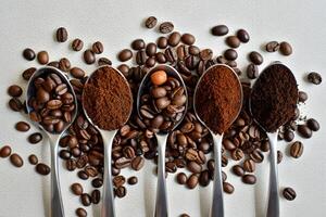 Coffee Background Aromatic Coffee Beans and Grounds in Spoons Four Stages of Coffee Preparation photo