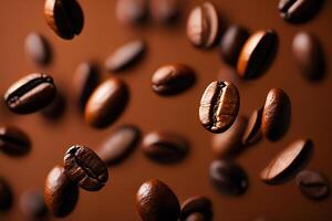 Coffee Background Aromatic Roasted Coffee Beans Falling Brown Background Close Up photo