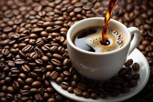 Coffee Background Aromatic Coffee Pour Dark Roast Brewing in White Cup Surrounded by Coffee Beans photo