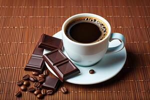 Coffee Background Aromatic Coffee with Dark Chocolate Squares and Coffee Beans on a Wooden Mat photo