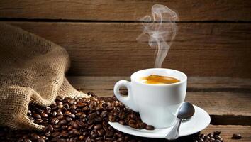 Coffee Background Aromatic Espresso Coffee in White Cup with Coffee Beans and Burlap Sack on Rustic Wooden Background photo