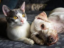 Dog Background Adorable Grey and White Cat and Fluffy White Dog Relaxing Together on a Sofa photo