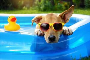 Dog Background Adorable Dog Wearing Sunglasses Relaxing in Inflatable Kiddie Pool with Rubber Duck photo
