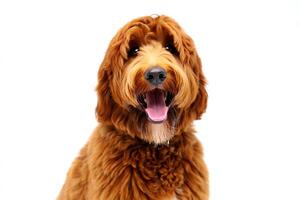 Dog Background Happy Red Goldendoodle Dog Portrait Studio Shot White Background photo
