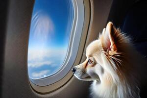 Dog Background Adorable Fluffy Dog Gazing Out Airplane Window In Flight Travel Pet Air Journey photo