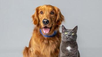 Dog Background Adorable Golden Retriever Dog and Grey Cat Posing Together Studio Shot photo