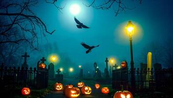 Halloween Background Spooky Halloween Night Cemetery Scene with Jack o lanterns Crows and Foggy Atmosphere photo