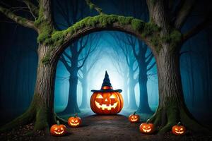 Halloween Background Enchanting Halloween Jack o lanterns in a Mystical Foggy Forest Path photo