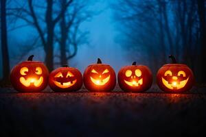 Halloween Background Illuminated Jack o lanterns on a Dark Halloween Night in a Forest Setting photo