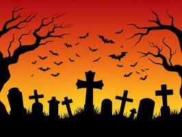 Halloween Background Spooky Halloween Graveyard Silhouette with Bats and Trees at Sunset photo
