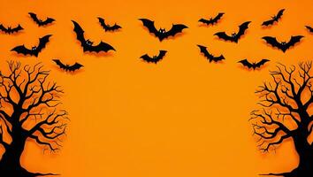 Halloween Background Halloween Spooky Bats Flying Over Bare Trees on Orange Background Festive October Design photo