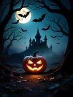 Halloween Background Spooky Halloween Jack o lantern Lit by Moonlight Near Haunted Castle photo