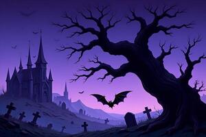 Halloween Background Spooky Halloween Night Scene Gothic Church Graveyard Bat and Ancient Tree Silhouette photo