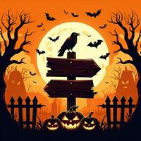 Halloween Background Spooky Halloween Night Scene Graveyard Bats Crow Pumpkins and Wooden Signpost under a Full Moon photo