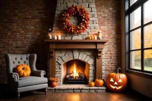Halloween Background Cozy Autumn Fireplace Scene with Pumpkins Wreath and Candles photo