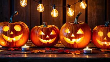 Halloween Background Illuminated Jack o lanterns with String Lights and Autumn Leaves on Rustic Wood photo