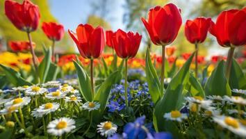 Nature Background Vibrant Red Tulips and Daisies in a Spring Garden Blooming Flowers photo