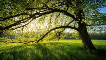 Nature Background Majestic Spring Tree in Lush Green Field Sunlight Streaming Through Branches photo